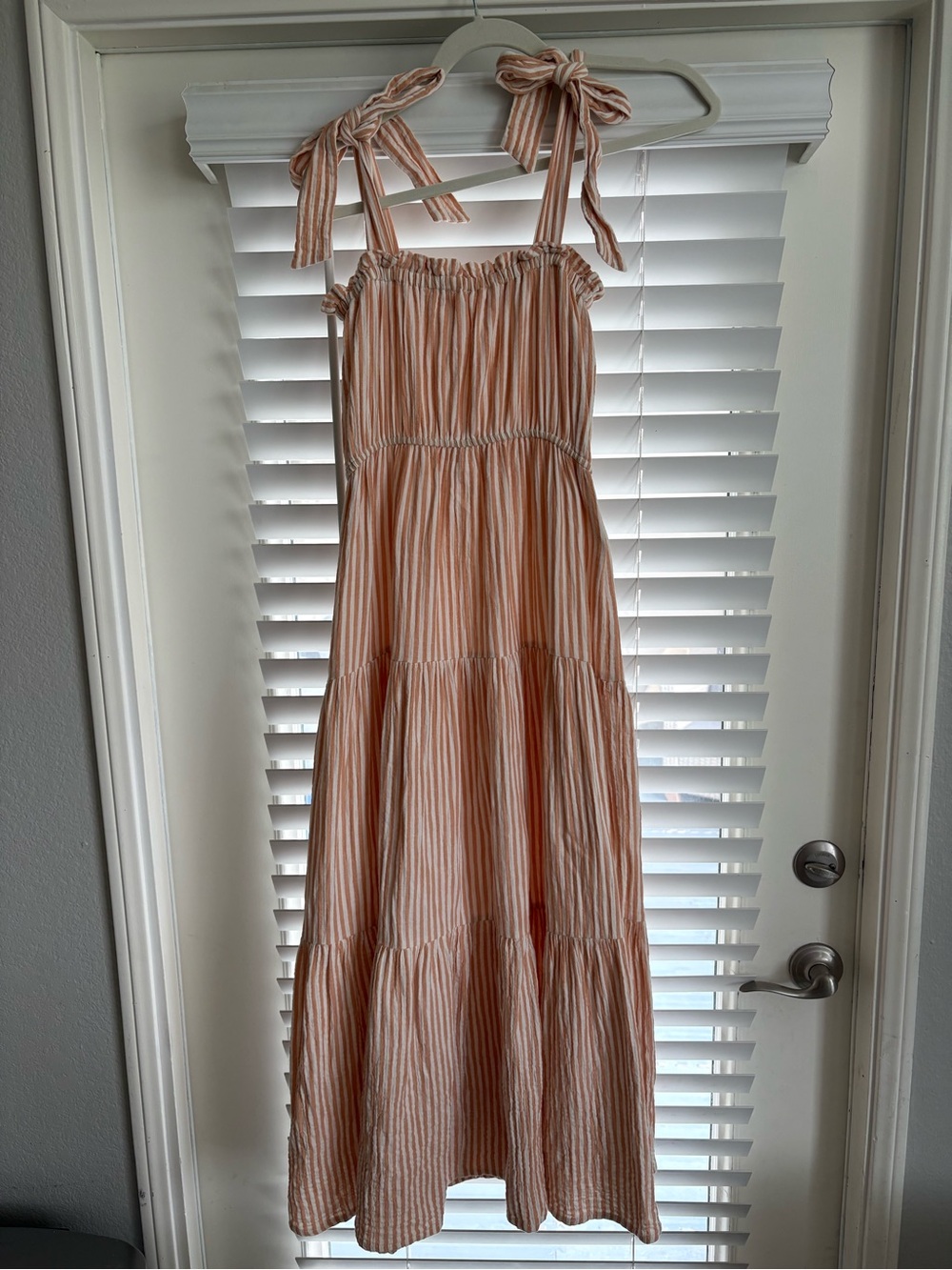 Rylee + Cru Peach and White Striped Tie-Shoulder Maxi Dress